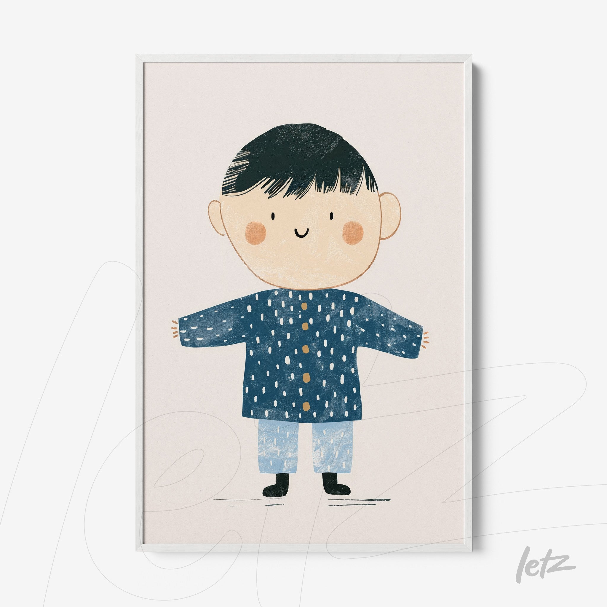 quadro com ilustração infantil de menino sorridente vestindo casaco azul com detalhes brancos em moldura branca