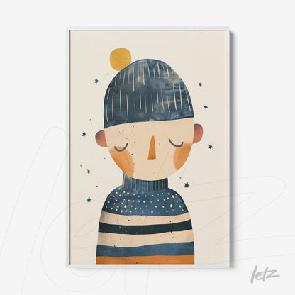 quadro com ilustração de personagem em estilo contemporâneo, vestindo gorro e suéter, emoldurado com moldura branca