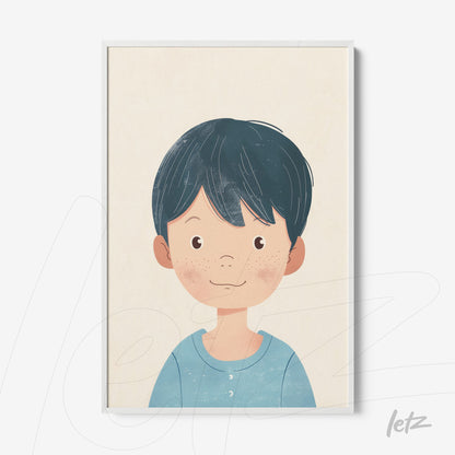 quadro com ilustração estilo cartoon de menino sorridente com cabelo curto e azul, moldura branca