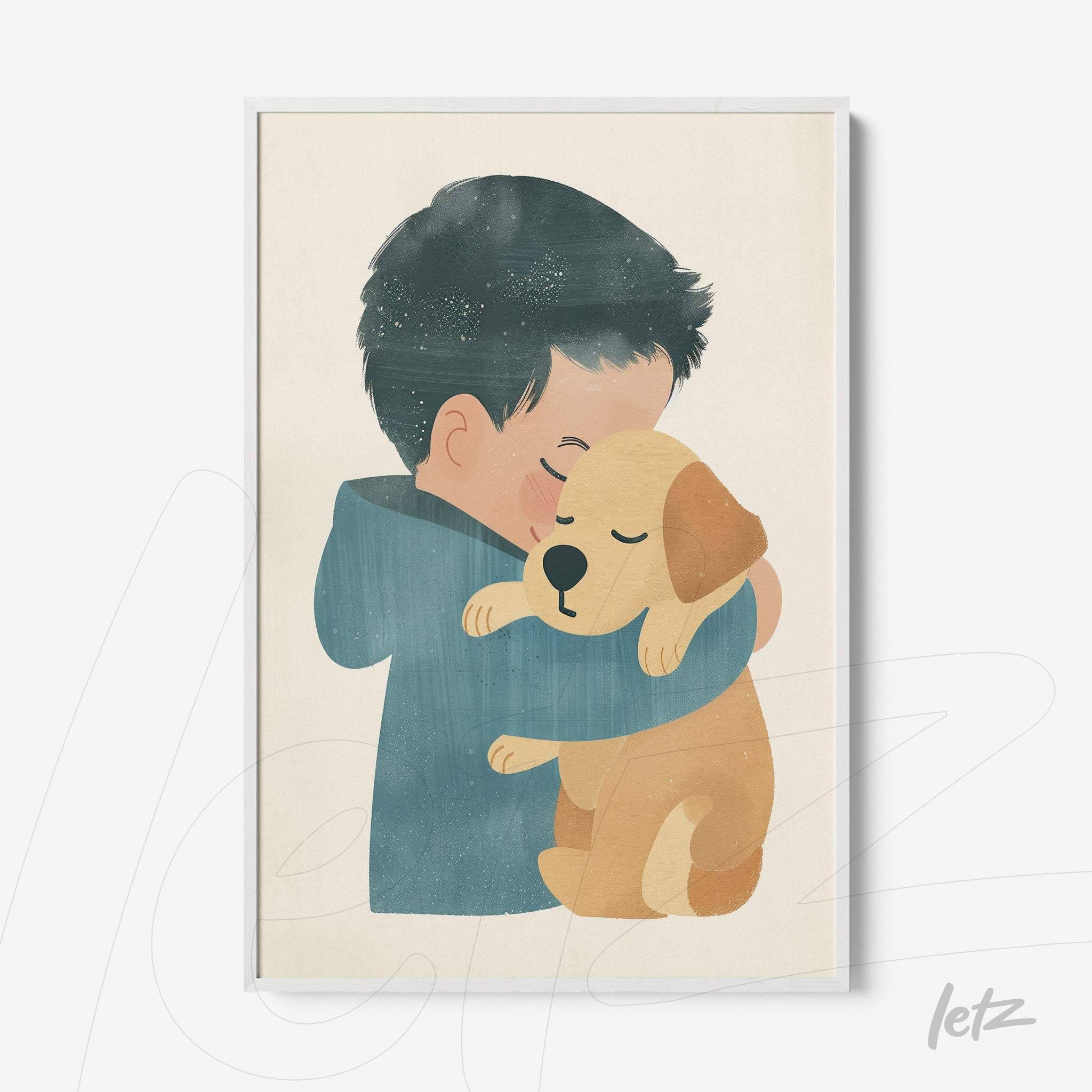 quadro com ilustração de menino abraçando um cachorro em moldura branca