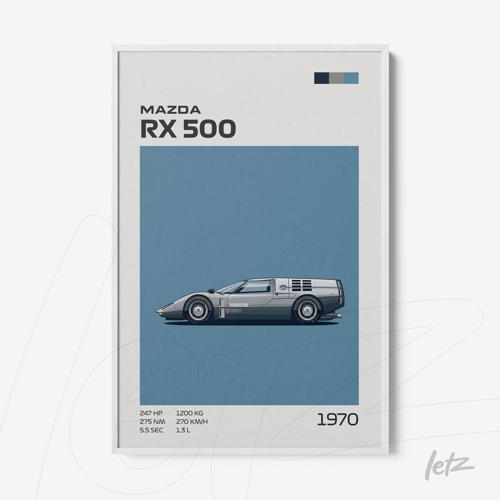 quadro com ilustração do carro Mazda RX 500 em fundo azul e moldura branca