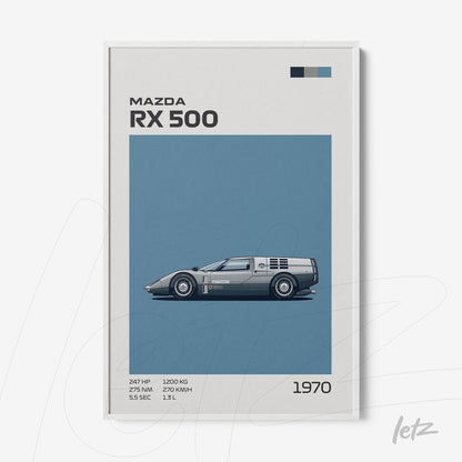 quadro com ilustração do carro Mazda RX 500 em fundo azul e moldura branca