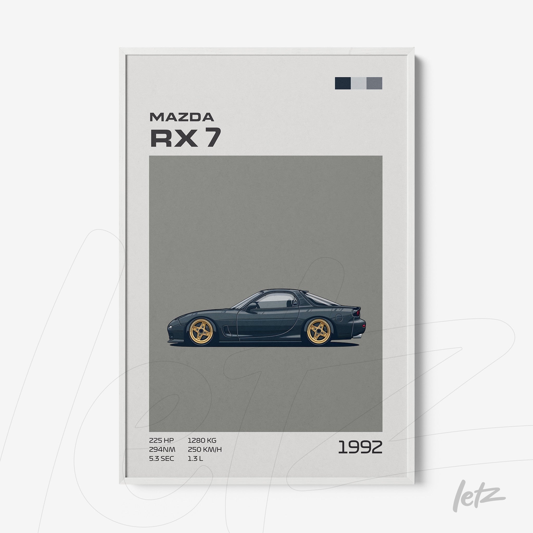 quadro com ilustração de carro Mazda RX 7 de 1992 em moldura branca, fundo cinza com detalhes gráficos