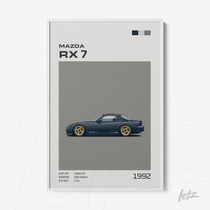 quadro com ilustração de carro Mazda RX 7 de 1992 em moldura branca, fundo cinza com detalhes gráficos