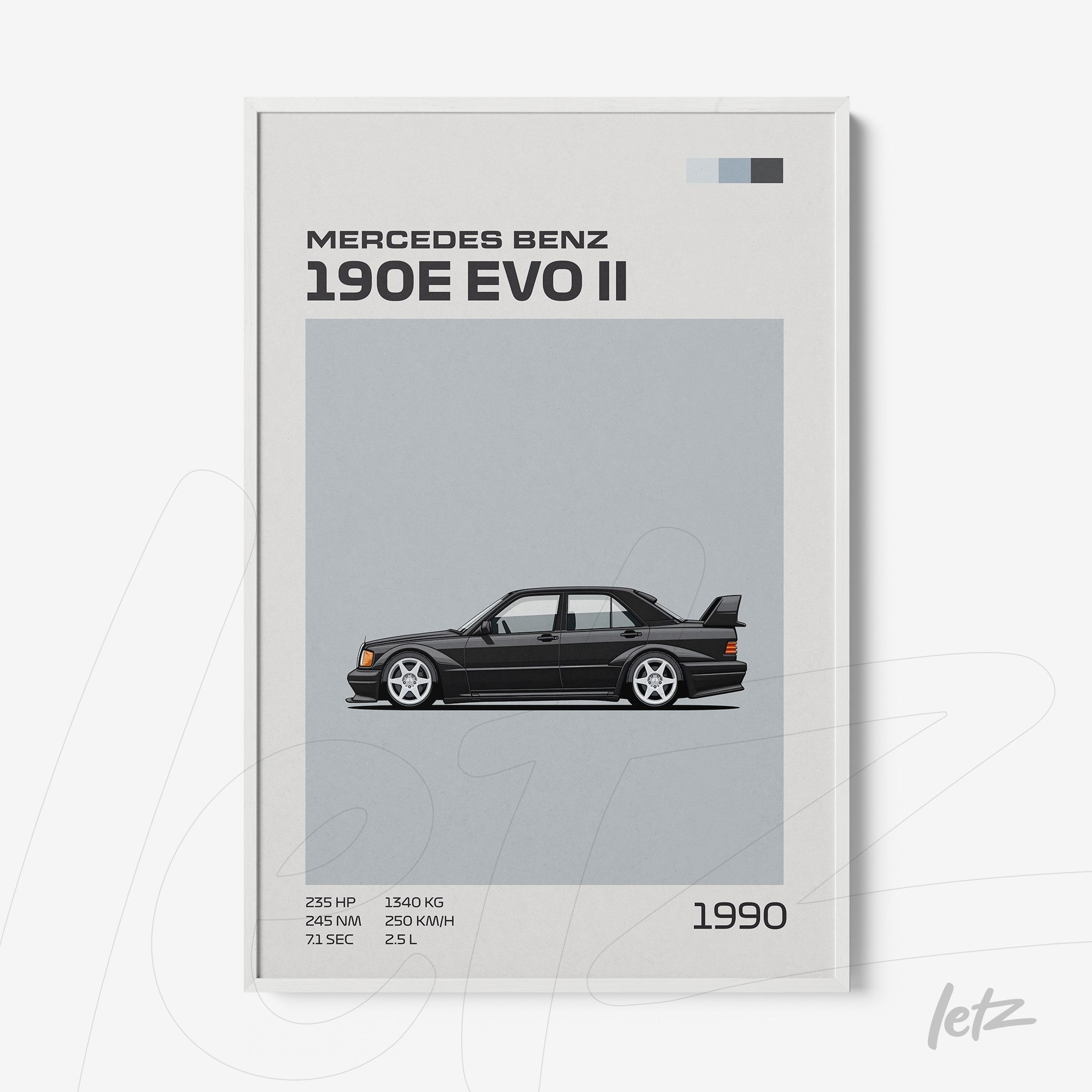 quadro com ilustração do Mercedes Benz 190E Evo II em fundo cinza com moldura branca