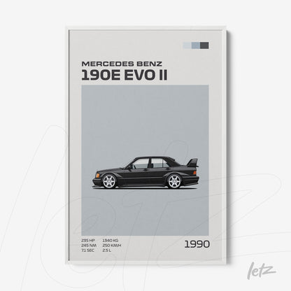 quadro com ilustração do Mercedes Benz 190E Evo II em fundo cinza com moldura branca