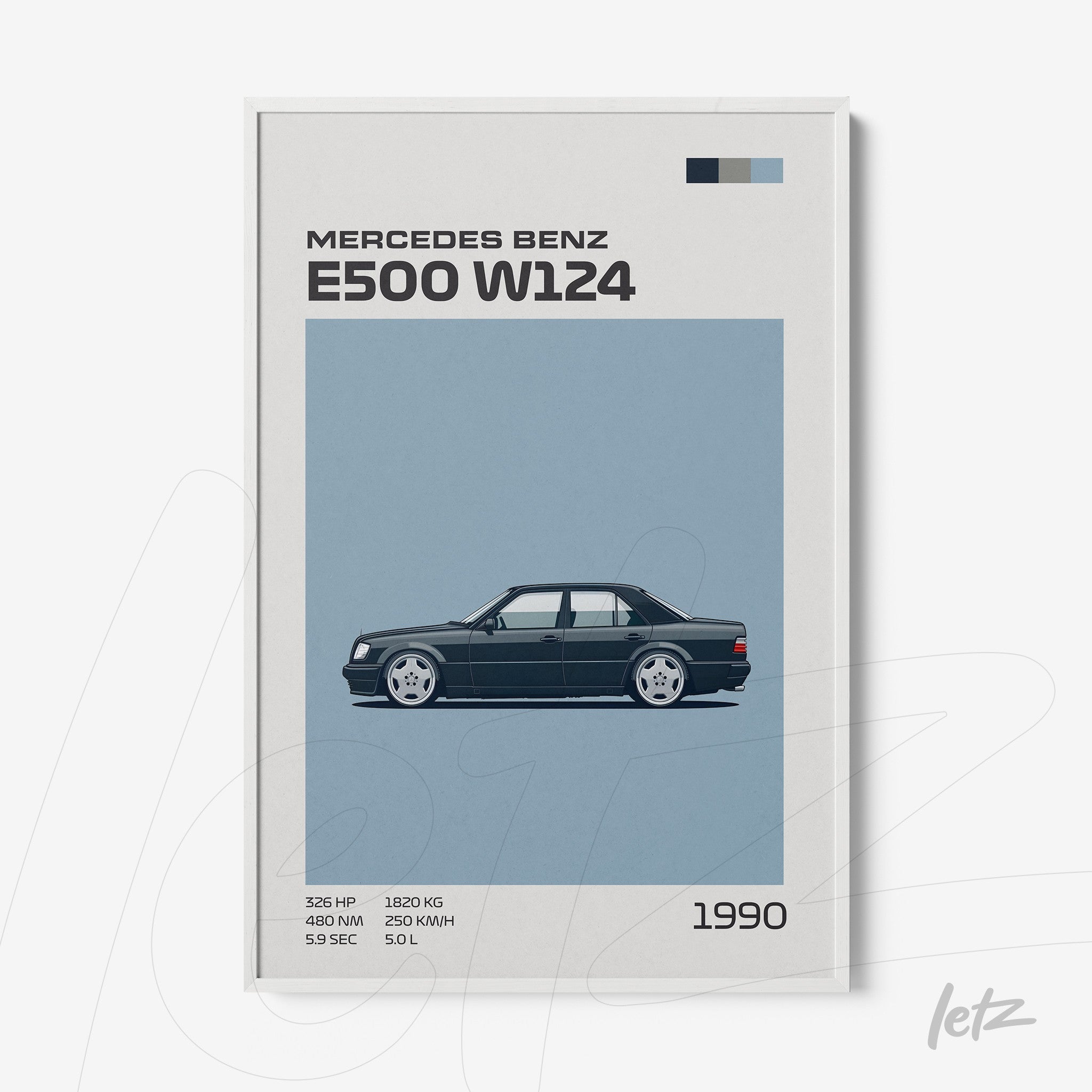 quadro com ilustração de carro Mercedes Benz E500 W124 em fundo azul claro e moldura branca