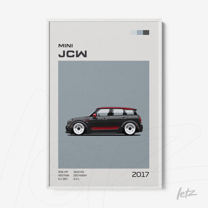 quadro com arte digital de carro Mini JCW 2017 em fundo cinza, com detalhes em vermelho e moldura branca