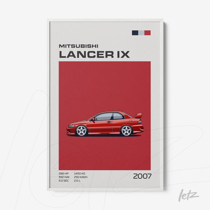quadro com ilustração minimalista do Mitsubishi Lancer IX de 2007 em fundo vermelho e moldura branca