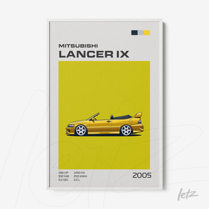 quadro emoldurado com arte gráfica do carro Mitsubishi Lancer IX de 2005 em fundo amarelo vibrante