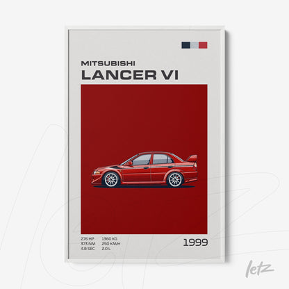 quadro com arte digital do carro Mitsubishi Lancer VI em fundo vermelho e moldura branca