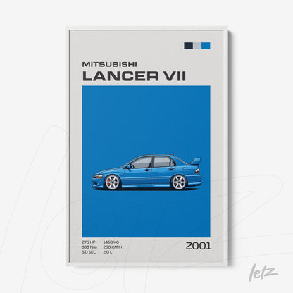 quadro com ilustração do Mitsubishi Lancer VII em fundo azul vibrante e moldura branca