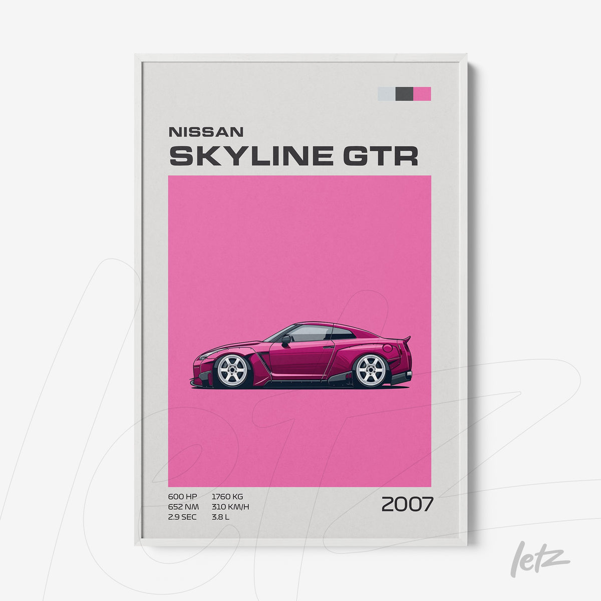 quadro com ilustração estilizada do carro Nissan Skyline GTR em fundo rosa vibrante