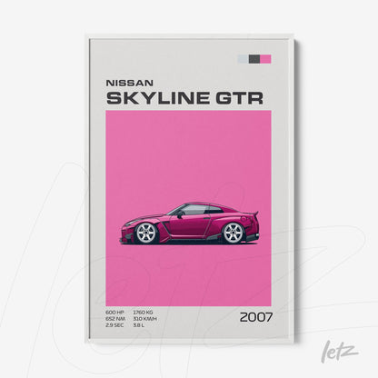 quadro com ilustração estilizada do carro Nissan Skyline GTR em fundo rosa vibrante