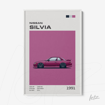 quadro com ilustração do carro Nissan Silvia de 1991 em fundo roxo, informações técnicas ao lado