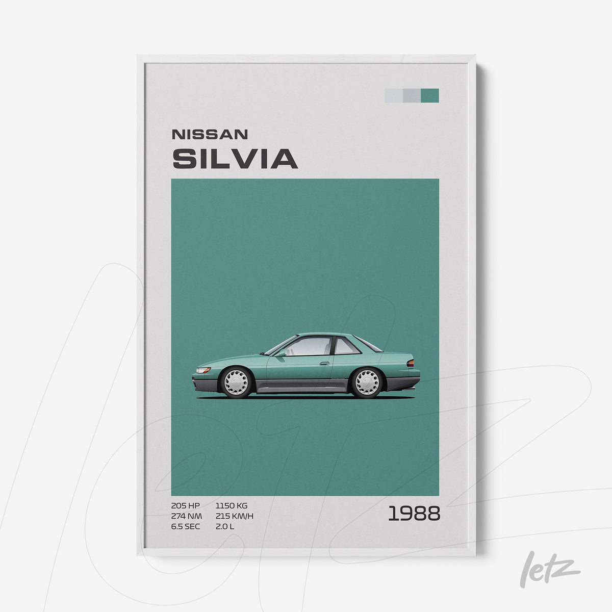 quadro com arte minimalista do carro Nissan Silvia de 1988 em moldura branca