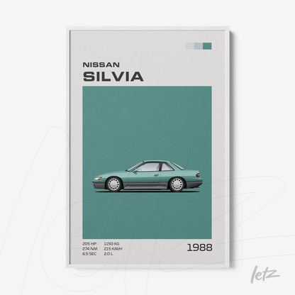 quadro com arte minimalista do carro Nissan Silvia de 1988 em moldura branca
