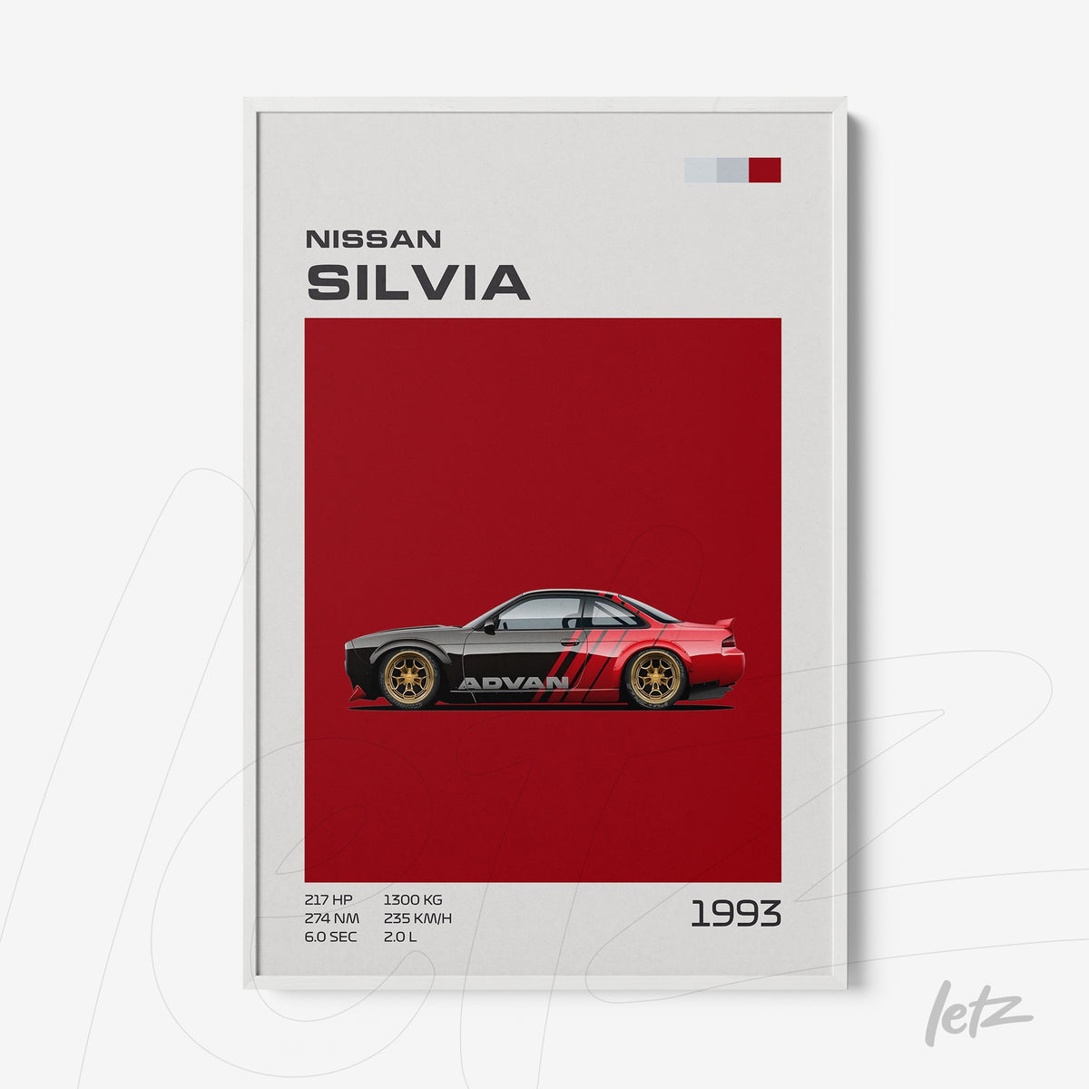 quadro com arte digital do carro Nissan Silvia em fundo vermelho, apresentando detalhes técnicos e moldura branca