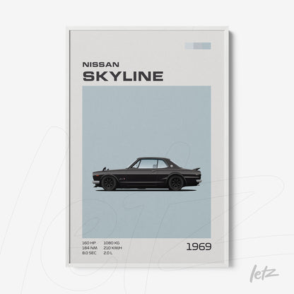 quadro com arte minimalista de um carro Nissan Skyline de 1969, em moldura branca, fundo azul claro