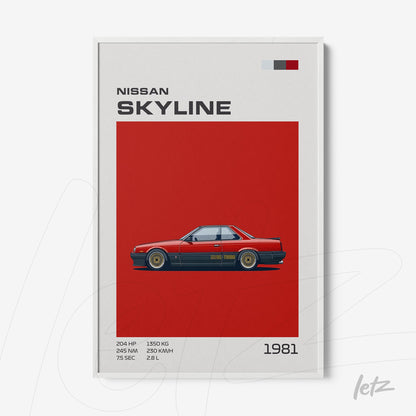 quadro com ilustração do carro Nissan Skyline de 1981, fundo vermelho e moldura branca