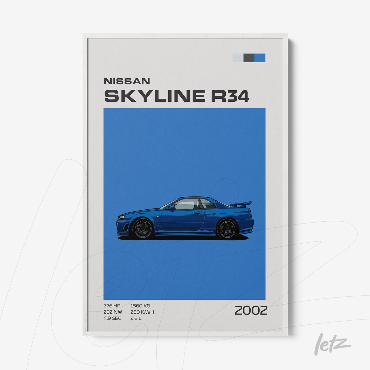 quadro em estilo minimalista com ilustração do carro Nissan Skyline R34 em fundo azul vibrante e moldura branca