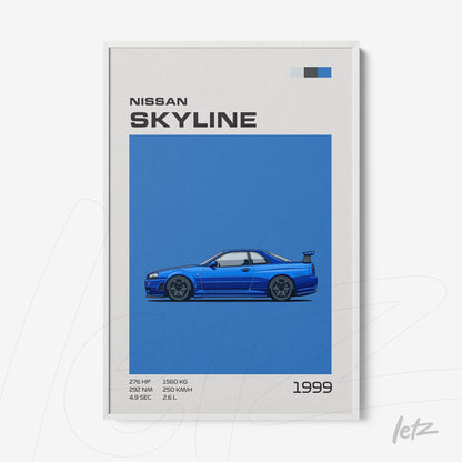 quadro com ilustração do carro Nissan Skyline 1999 em fundo azul com moldura branca