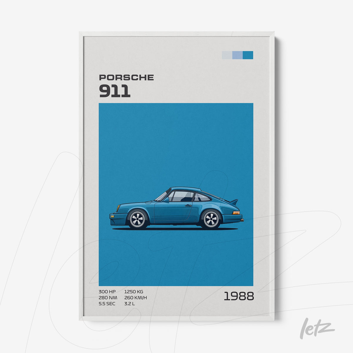 quadro com ilustração do Porsche 911 de 1988 em fundo azul vibrante e moldura branca