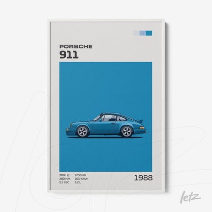quadro com ilustração do Porsche 911 de 1988 em fundo azul vibrante e moldura branca