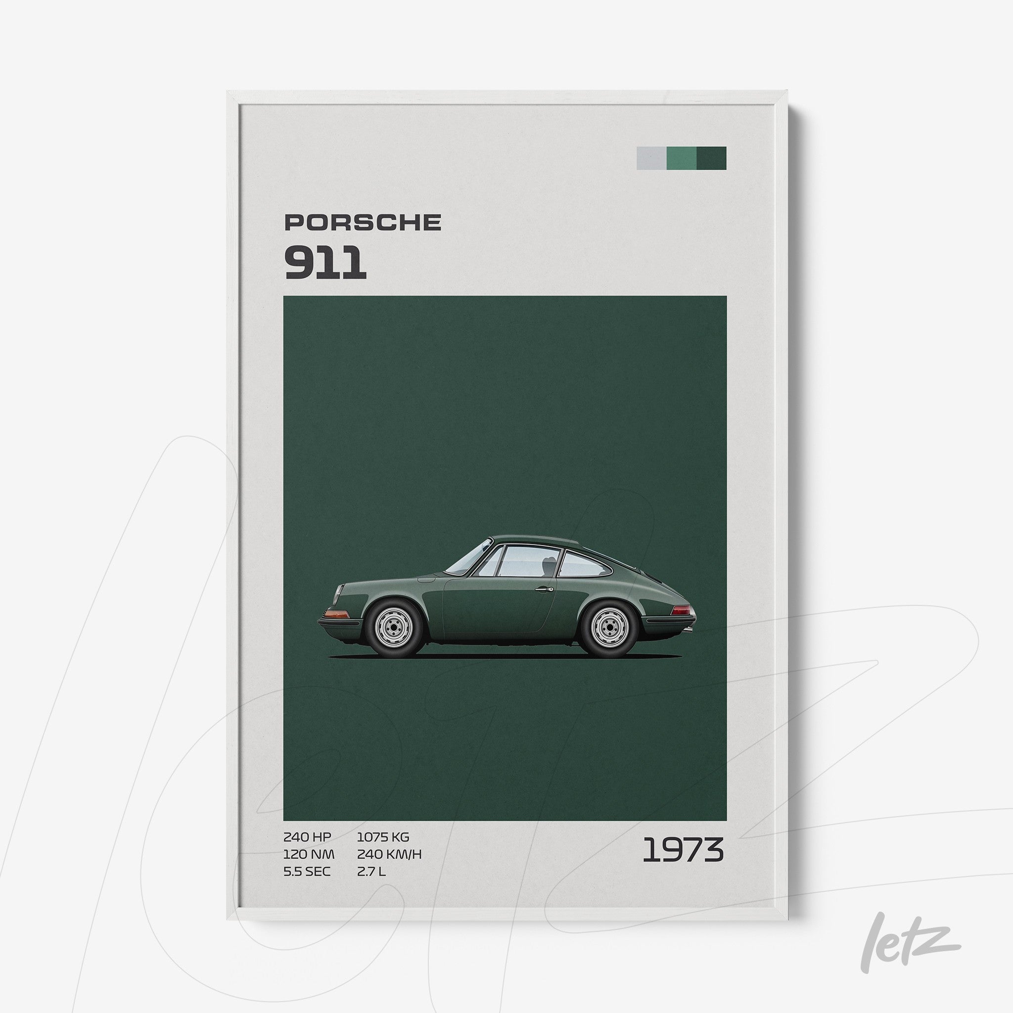 quadro emoldurado com ilustração do carro Porsche 911 de 1973 sobre fundo verde escuro