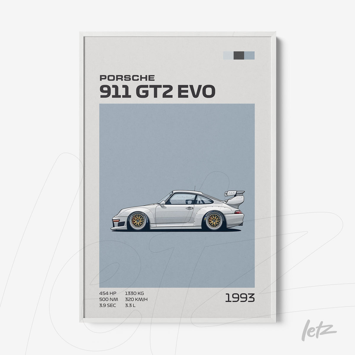 quadro com arte estilizada do Porsche 911 GT2 EVO de 1993, em moldura branca, sobre um fundo azul claro