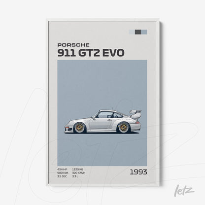 quadro com arte estilizada do Porsche 911 GT2 EVO de 1993, em moldura branca, sobre um fundo azul claro