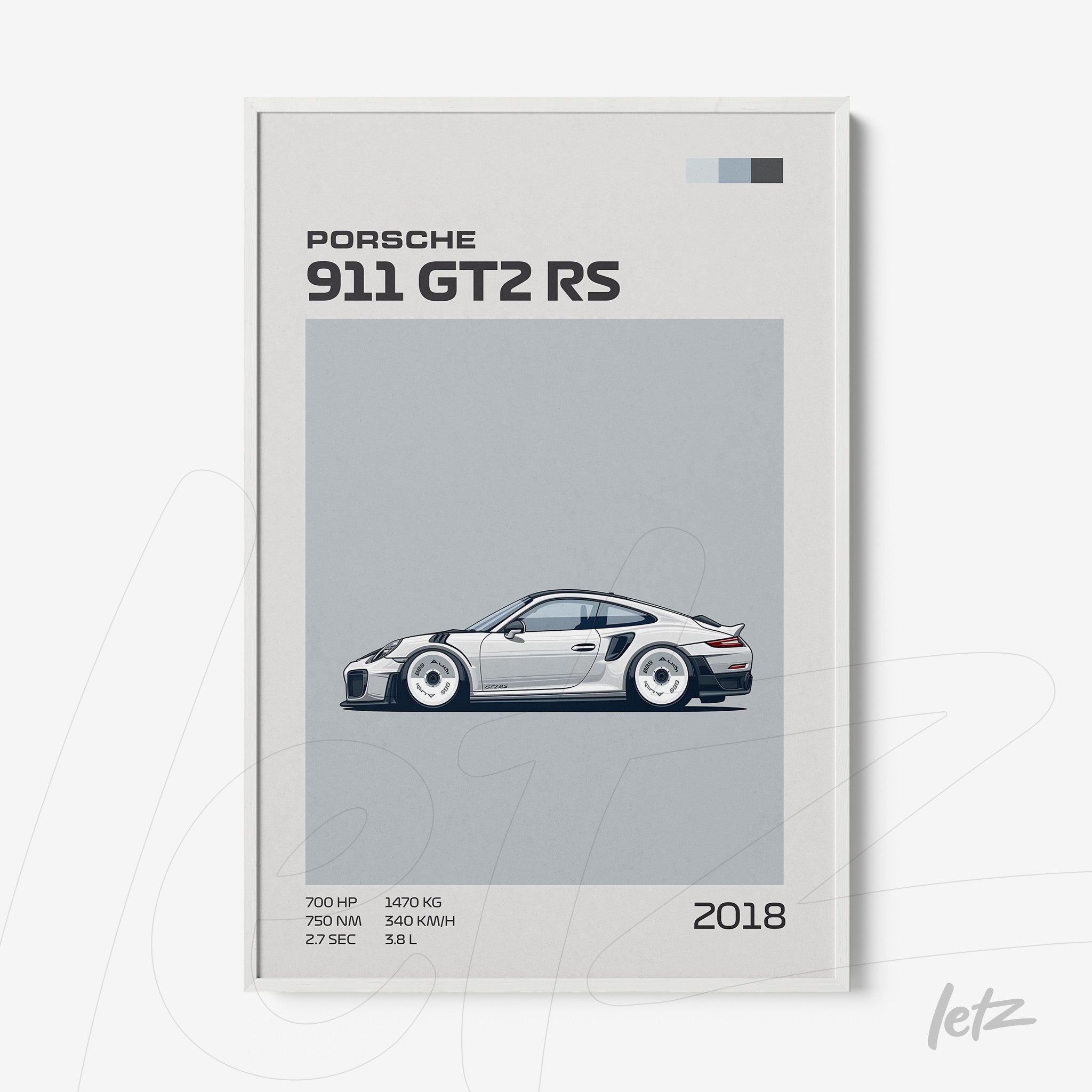 quadro com ilustração estilizada do carro Porsche 911 GT2 RS 2018 em moldura branca