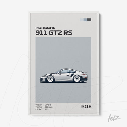 quadro com ilustração estilizada do carro Porsche 911 GT2 RS 2018 em moldura branca