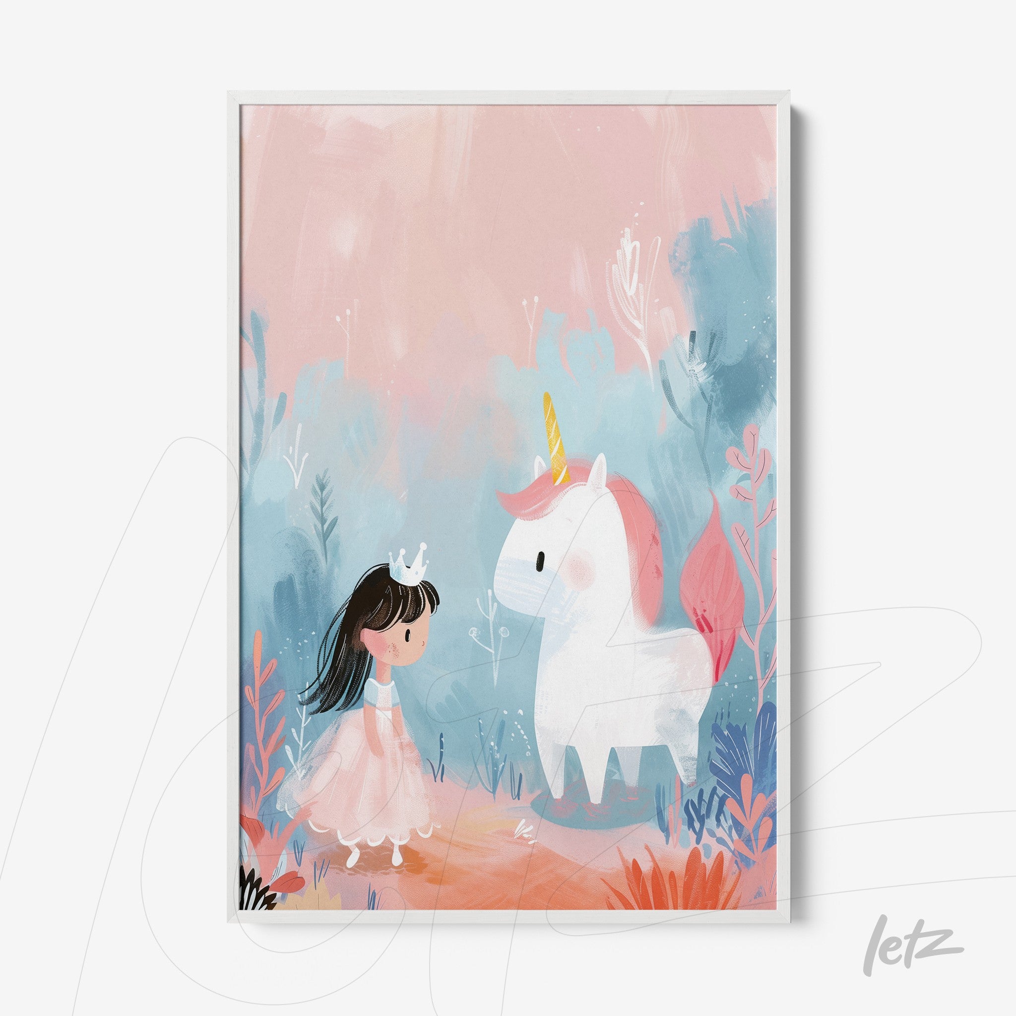 quadro com ilustração infantil de menina usando vestido rosa e coroa, interagindo com um unicórnio branco em fundo pastel suave