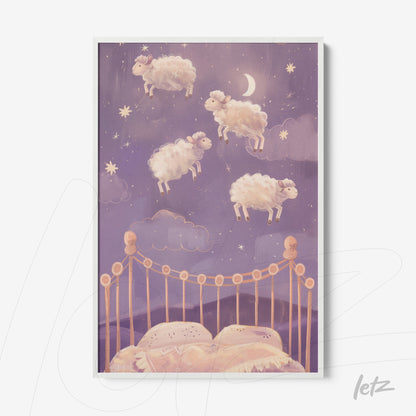 quadro com ilustração de ovelhas flutuando em um céu estrelado sobre uma cama com edredom no tom pastel