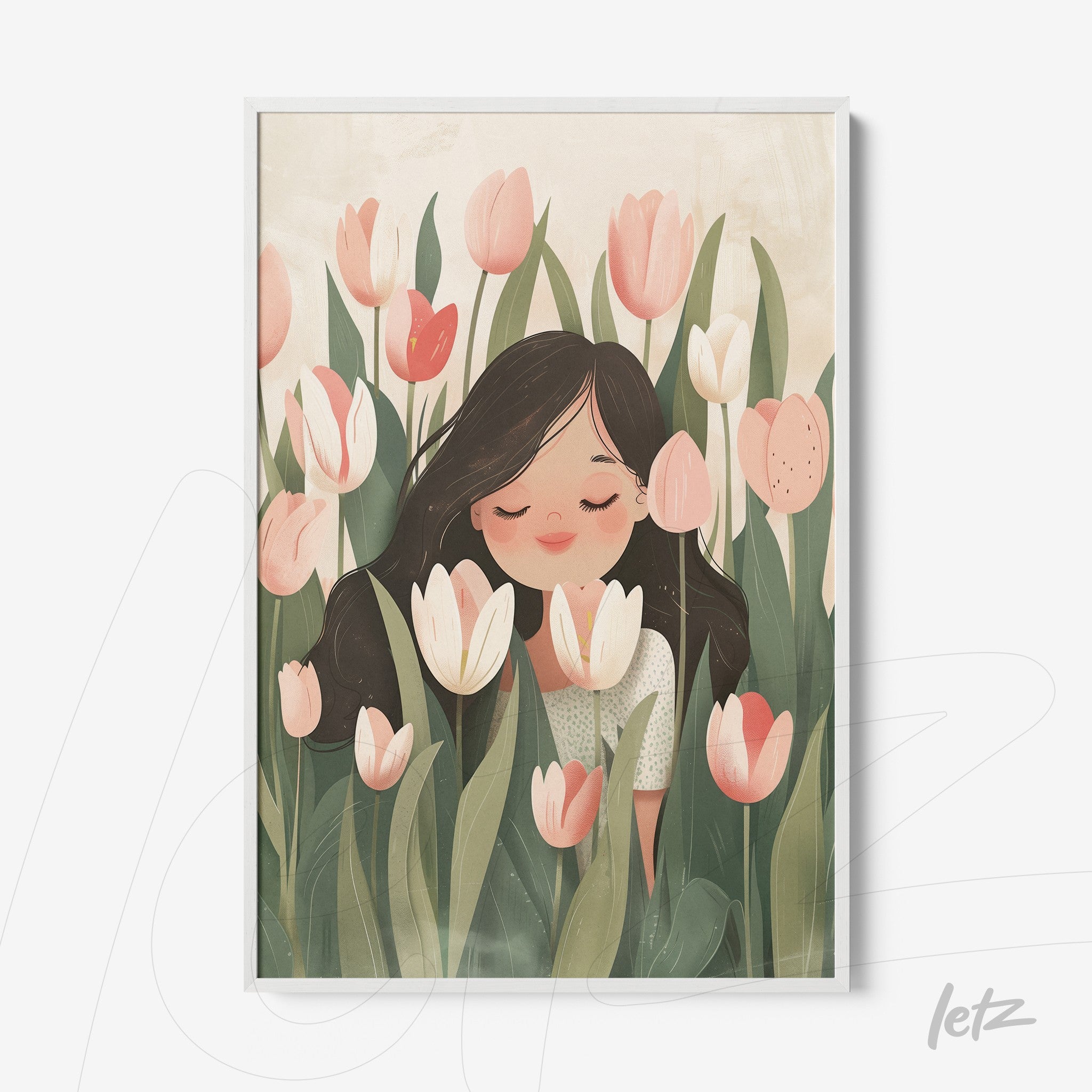 quadro com ilustração suave de mulher cheirando tulipas em meio a flores coloridas com fundo claro
