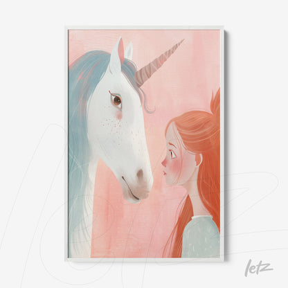 quadro com ilustração de uma menina encarando um unicórnio em fundo rosa suave, moldura branca