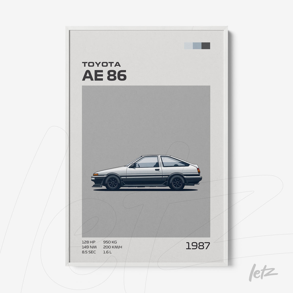 quadro com ilustração minimalista do carro Toyota AE86 em moldura branca com fundo cinza
