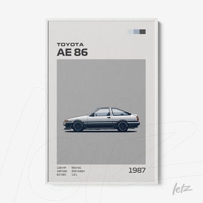 quadro com ilustração minimalista do carro Toyota AE86 em moldura branca com fundo cinza