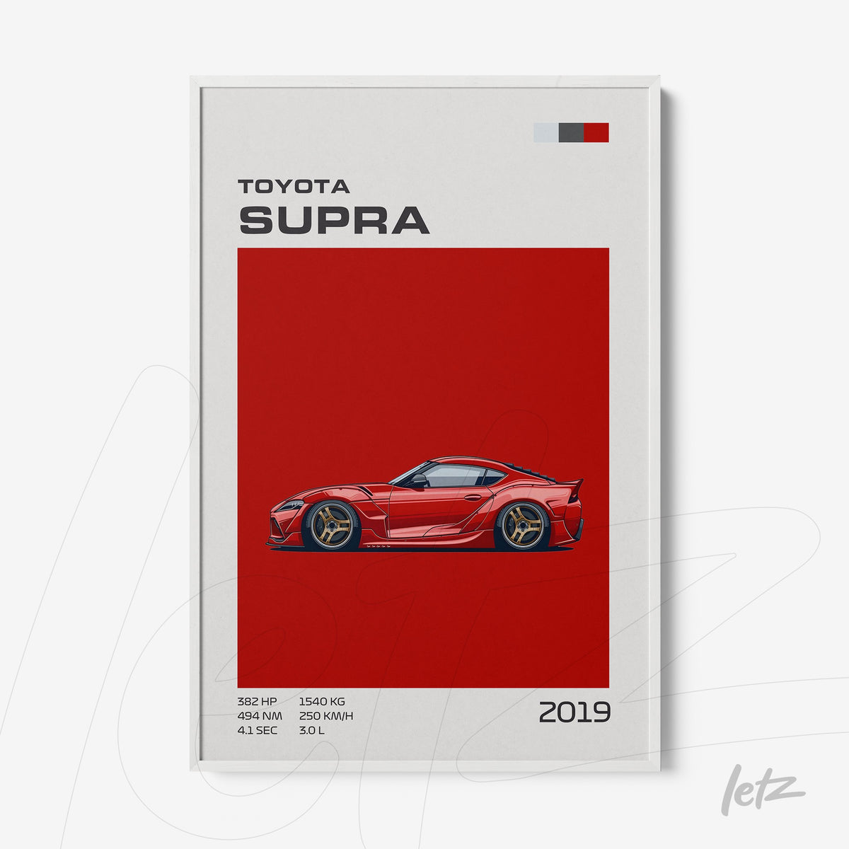 quadro com arte minimalista do carro Toyota Supra 2019 em fundo vermelho vibrante e moldura branca