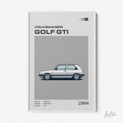 quadro com ilustração minimalista do carro Volkswagen Golf GTI 1984 em moldura branca