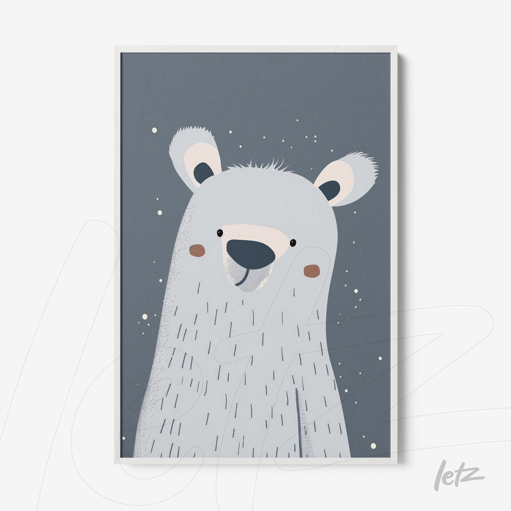 quadro com ilustração minimalista de urso polar sorridente sobre fundo azul acinzentado com moldura branca