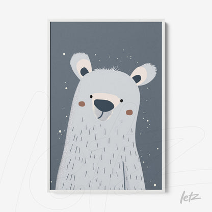 quadro com ilustração minimalista de urso polar sorridente sobre fundo azul acinzentado com moldura branca