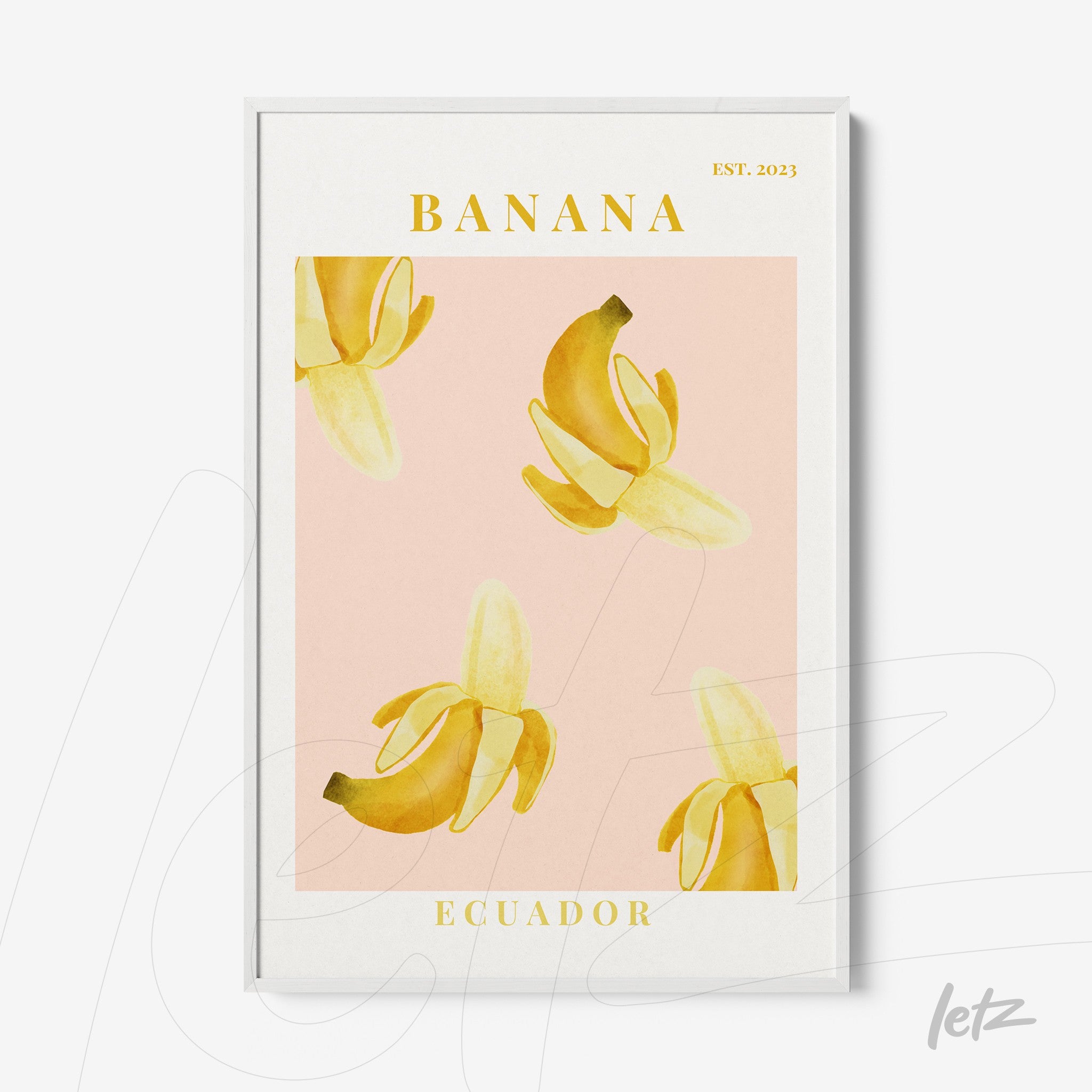 quadro com ilustração de bananas em fundo rosa claro, moldura branca e texto 'BANANA ECUADOR'