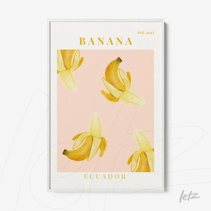 quadro com ilustração de bananas em fundo rosa claro, moldura branca e texto 'BANANA ECUADOR'