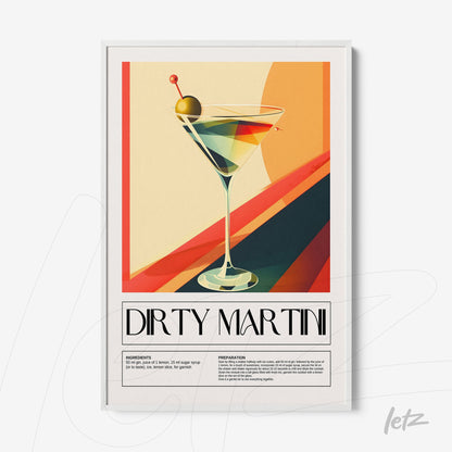 quadro com arte abstrata de um drink martini sujo em moldura branca com fundo colorido