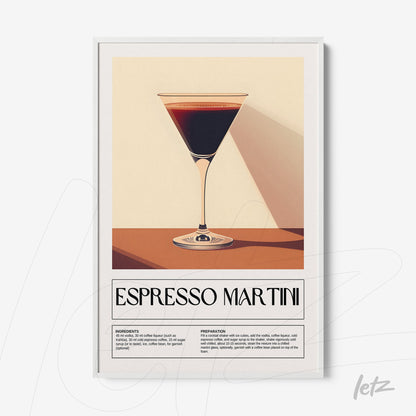 quadro com arte retrô de drink espresso martini em moldura branca