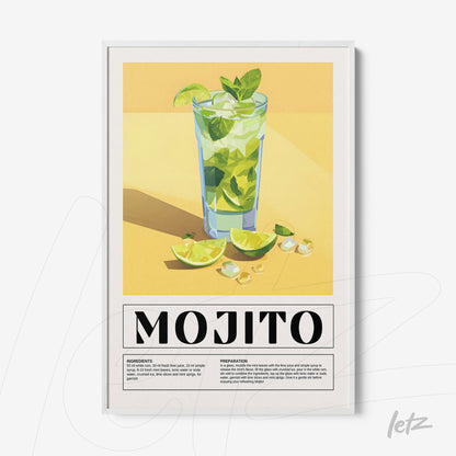 quadro com arte gráfica do drink mojito em moldura branca com fundo amarelo