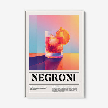 quadro com arte vibrante do drink negroni em moldura branca, com fundo colorido e detalhes do preparo