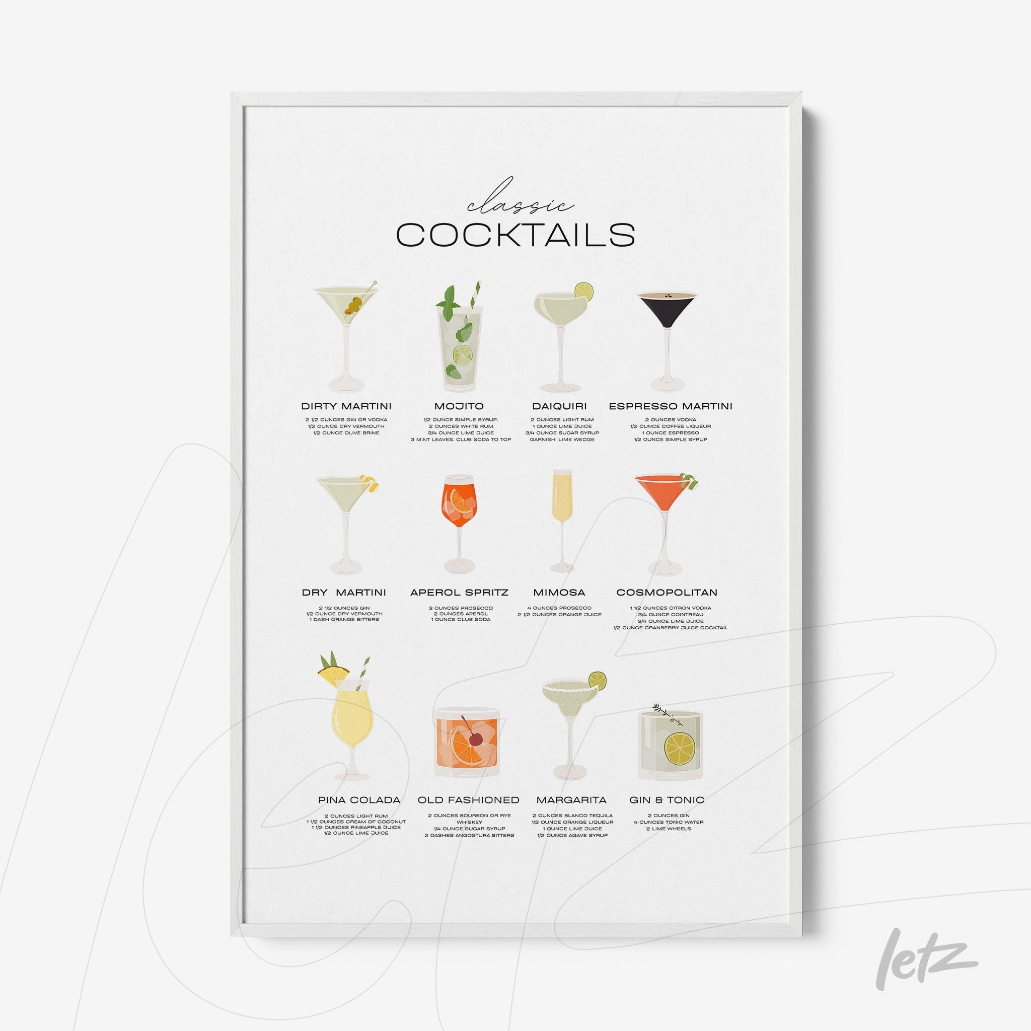 quadro decorativo com ilustrações de drinks clássicos em moldura clara